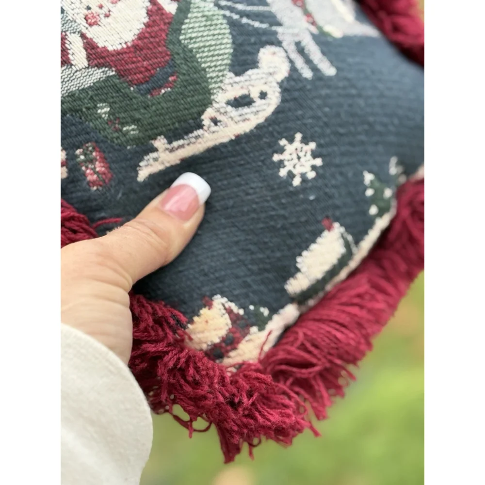 Vintage Riverdale Christmas Tapestry Santa Reindeer Fringe Mini Throw Pillow